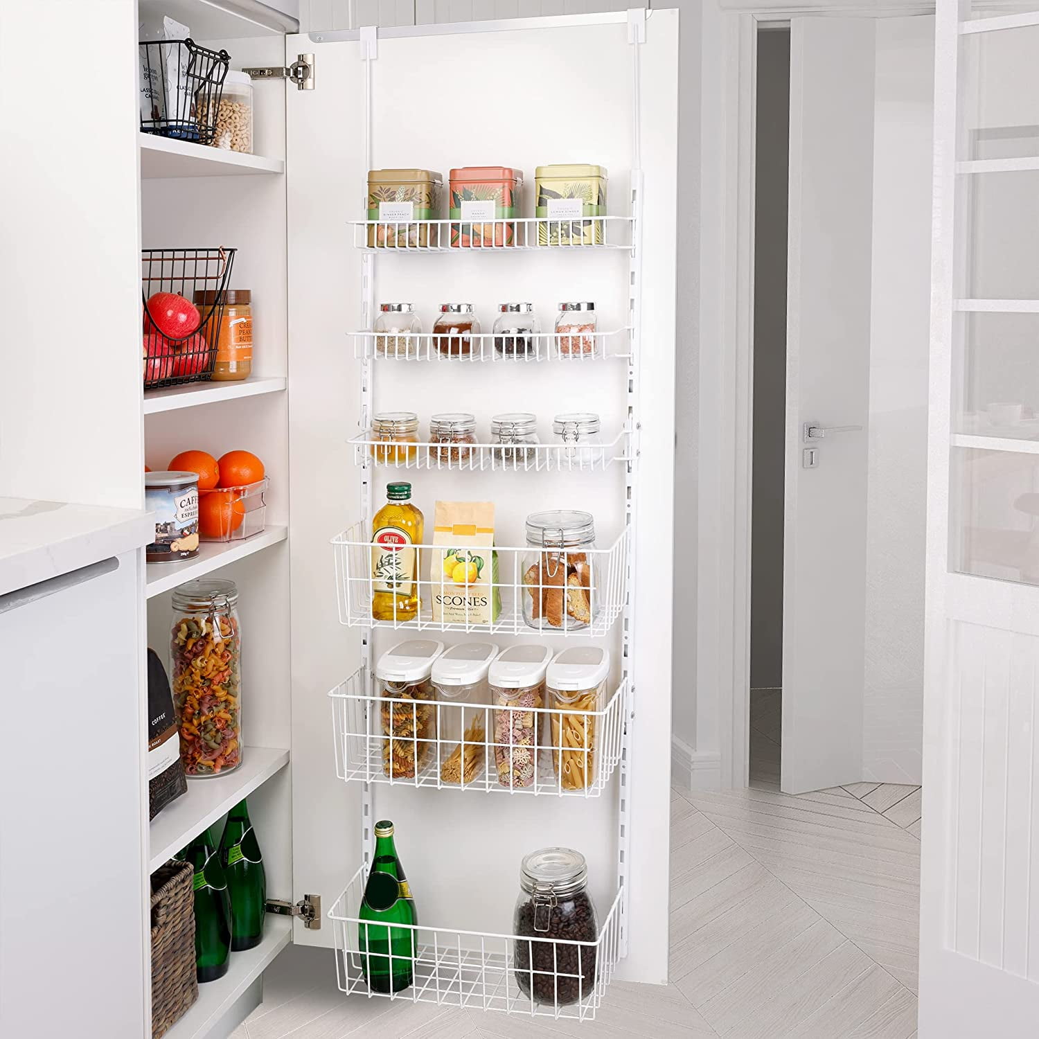 Smart Design Over the Door Pantry Organizer Rack with 6 Adjustable Steel  Shelves - White 