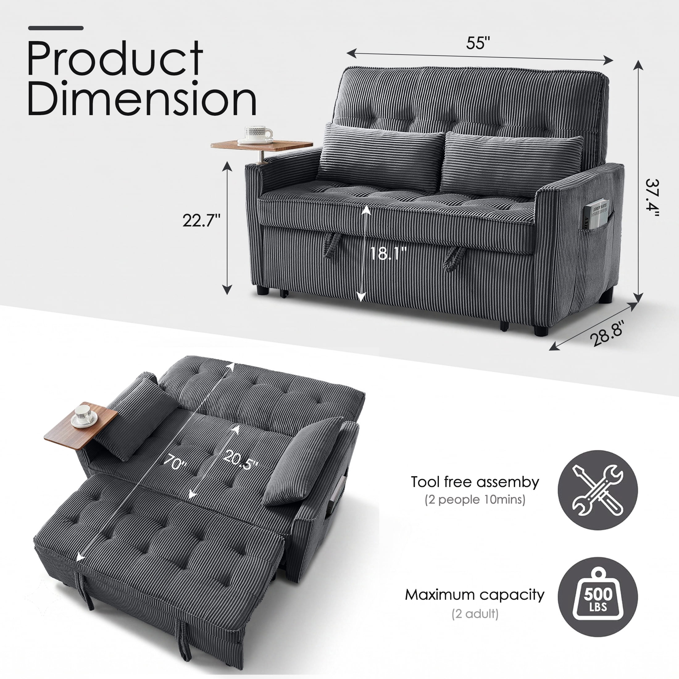 AISWORD 55" 3-in-1 Convertible Sleeper Sofa Bed, Pull Out Loveseat Couch with Side Tray Table & USB Charging Port, Adjustable Backrest Sofa for Apartment, Bedroom, Office, Dark Gray
