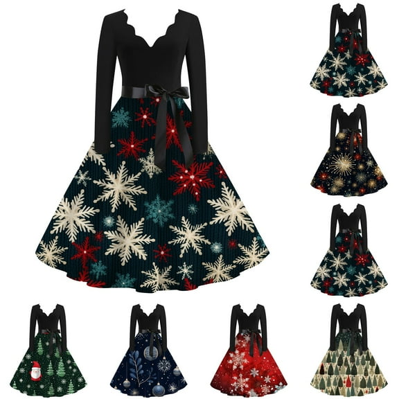Christmas Dresses for Women Women's Casual And Fashionable Christmas Print V Neck Big Hem Dress Long Sleeved Dress with Christmas Snow House Print for Holiday Party,Army Green,L