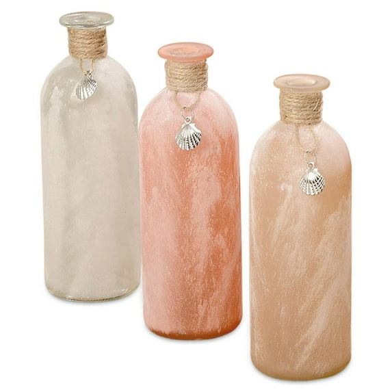 Beach Chic Sea Glass Vases, Set of 3, Rope Wrapped, Shell Pendant, White, Mauve and Amber, 10 1/4 Inches Tall