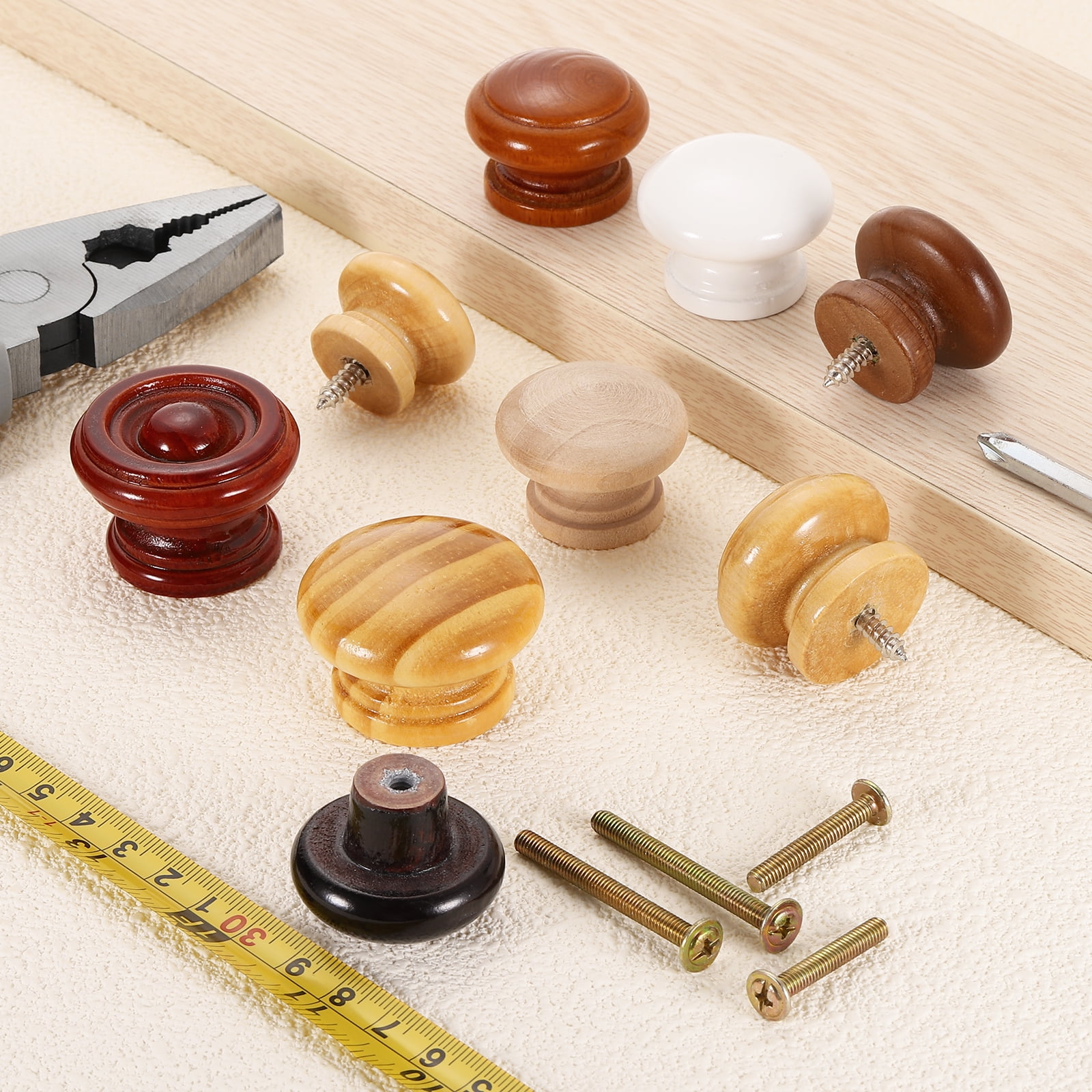 Uxcell 10 Pack Round Wood Drawer Knob, 1.3" x 0.98" Self-Tapping Solid Wood Handle Round Cabinet Knob Mushroom Shape Wooden Knobs for Furniture Dresser Wardrobe, Wood Color
