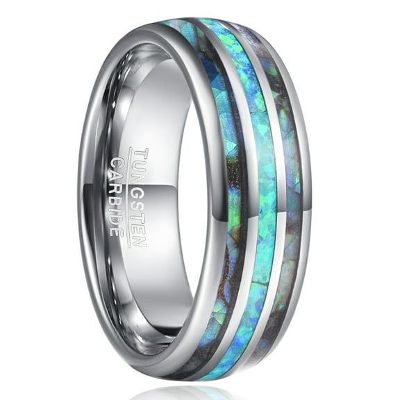 8mm Mens Wedding Band with Abalone Shell and Created-Opal Inlay Dome Tungsten Rings Engagement Ring
