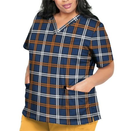 

Sksloeg Women s Plus Size Scrub Tops Comfortable Plaid Printed T Shirts Short Sleeve V-Neck Workwear Nurse Uniform Tee with Pockets Light Brown S