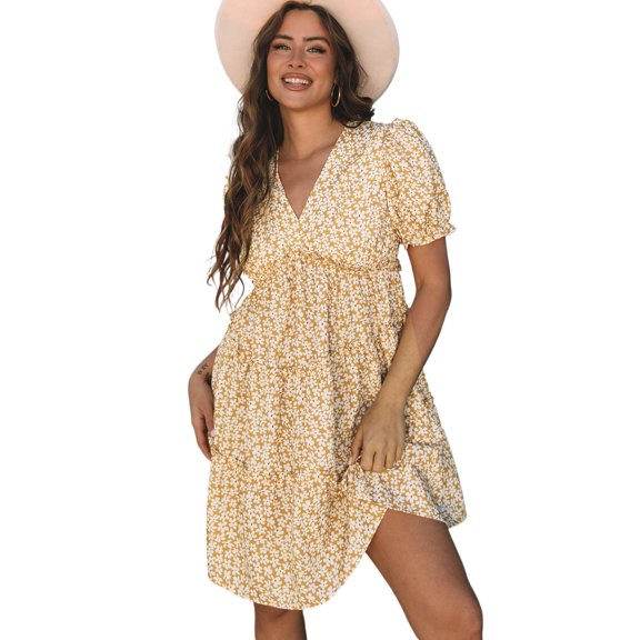 Women's Yellow Floral Short Sleeve V Neck Frilly Tiered Mini Dress - Perfect for Summer Occasions | [ZhiHiMeRi] | (US 12-14)L