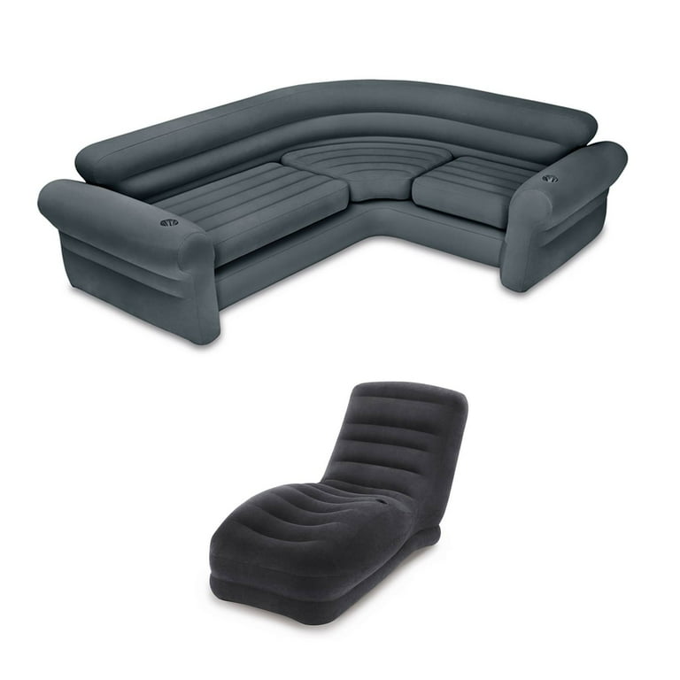 Intex Couch Sectional Sofa w Cupholders Gray Contoured Mega