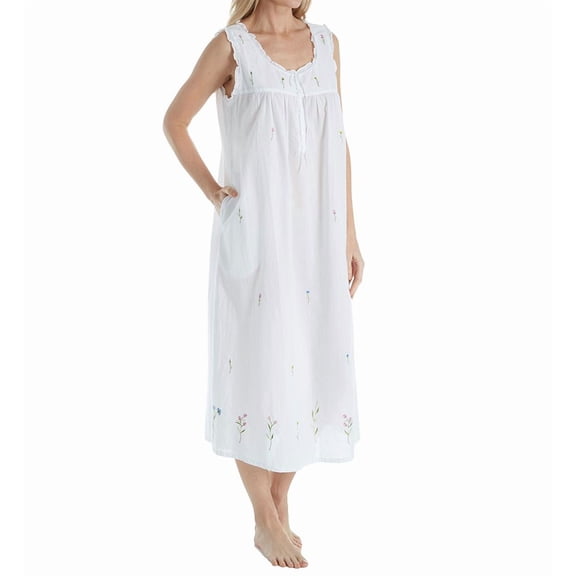 Women's La Cera 1286G 100% Cotton Woven Sleeveless Long Nightgown (White S)