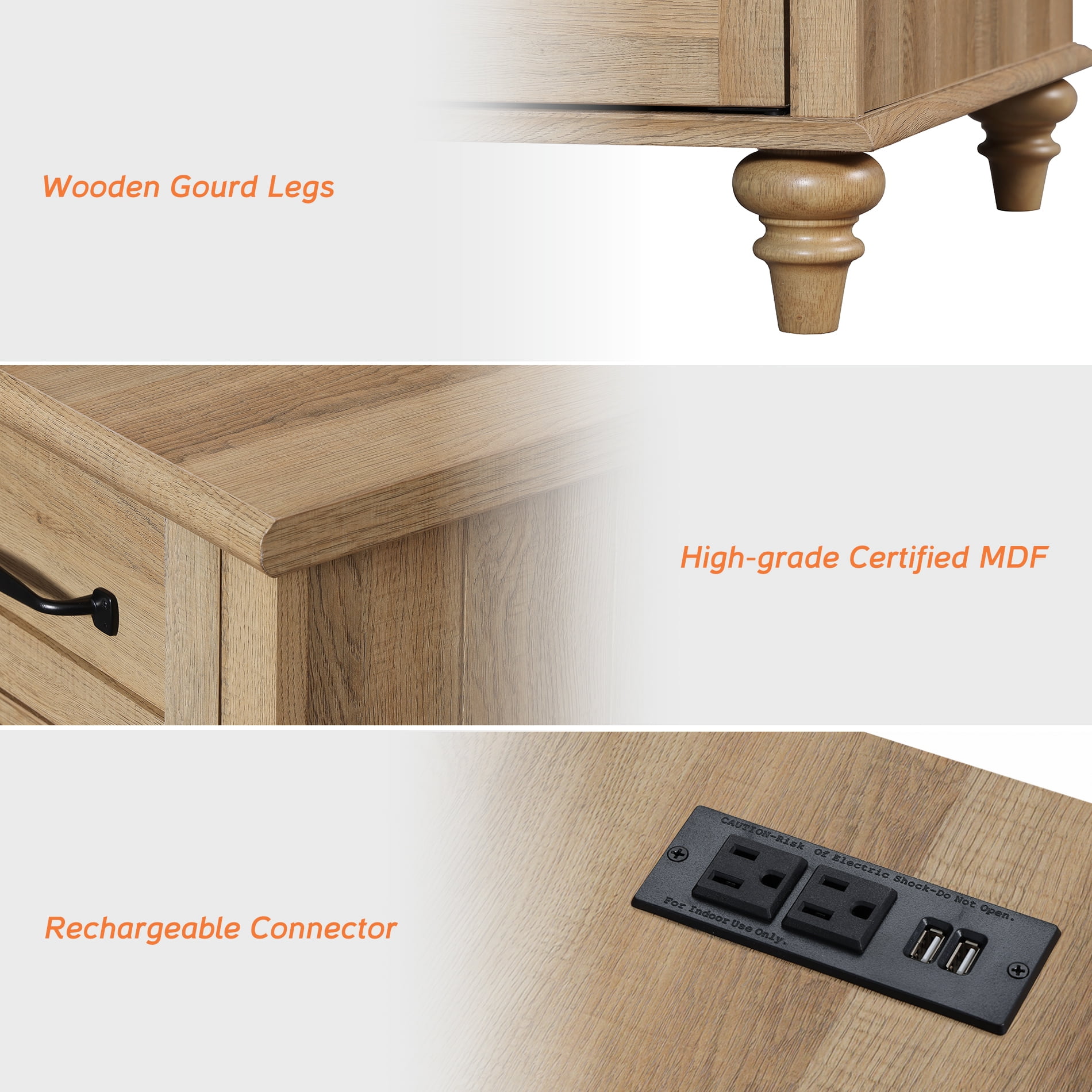 3 Piece Bedroom Set, Queen Bed Frame & 2 Nightstands with Charging Station, 1 Drawer & Storage Cabinet, Oak