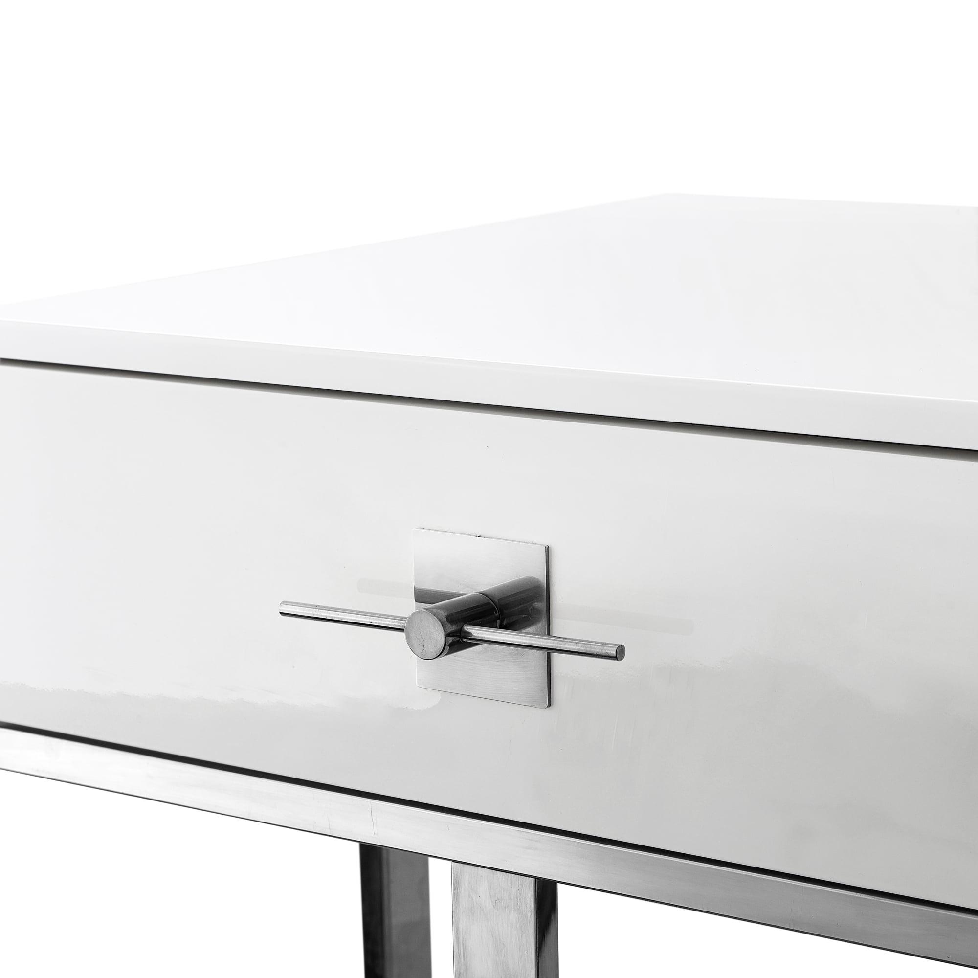 Hilo White Chrome Side Table - 1 Drawer, Hight Gloss Lacquer Finish, Polished Stainless Steel Base