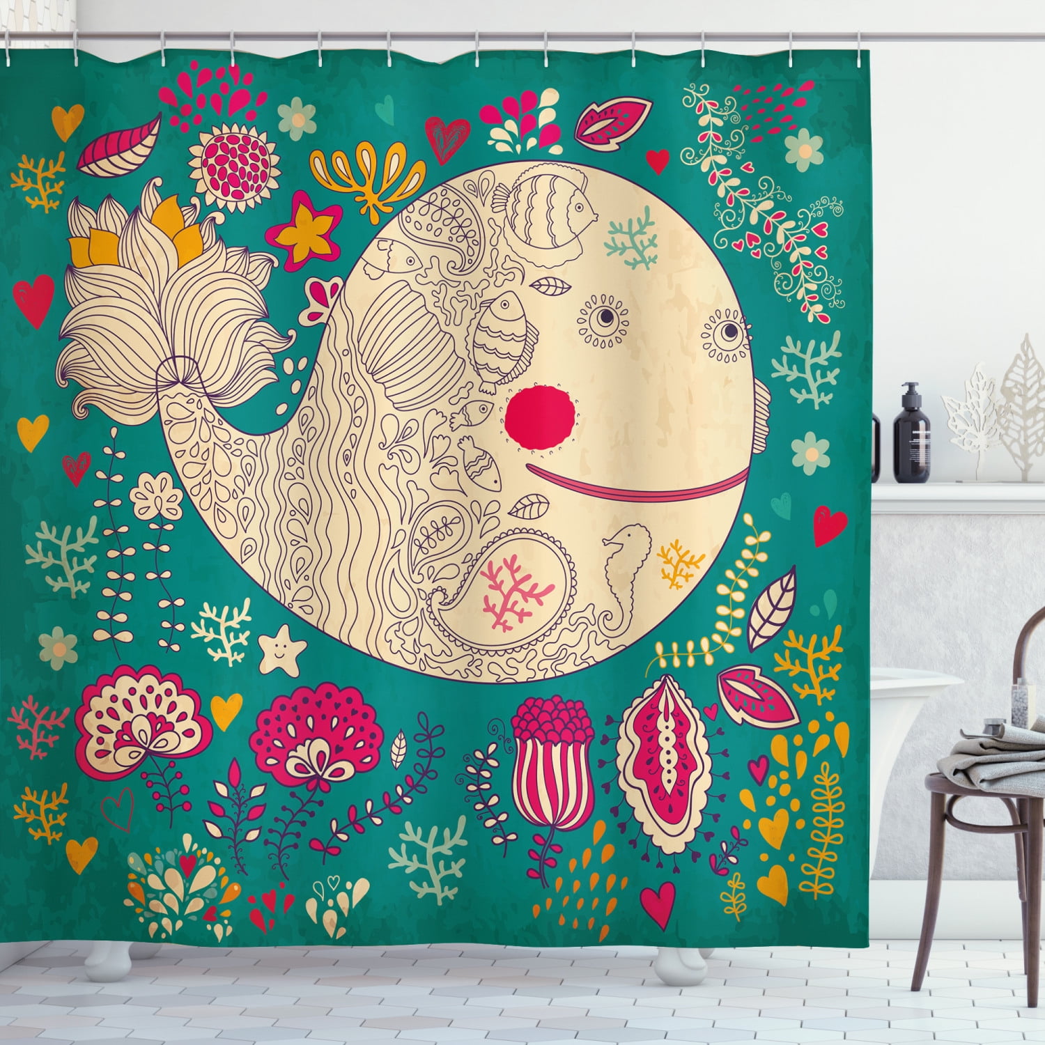 Whale Shower Curtain, Happy Giant Sea Ocean Creature Whale with Flower