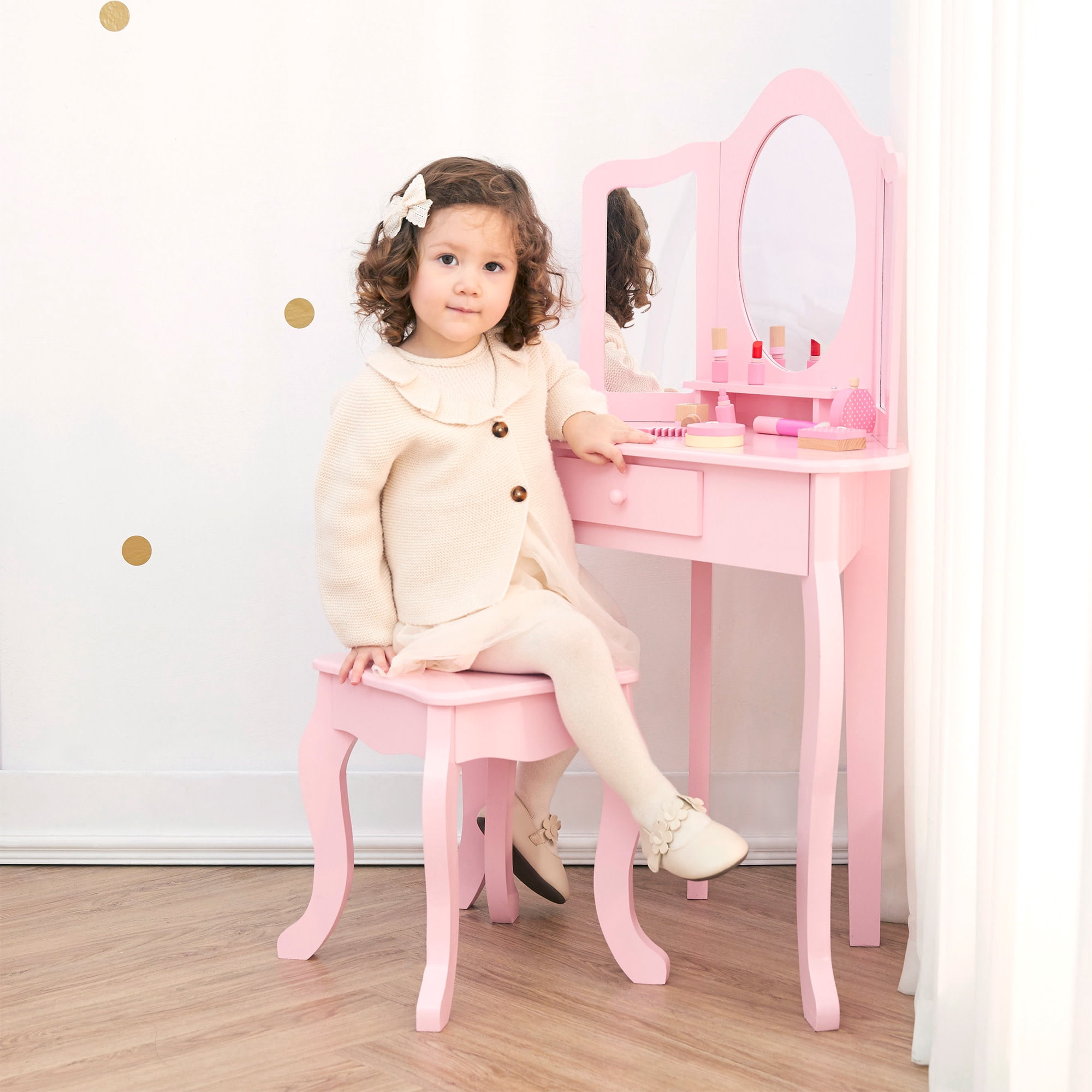 Teamson Kids Alessandra Kids Corner Vanity Table & Stool, Pink