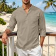 thumbnail image 5 of Awwp Men's Linen Cotton Shirt 3/4 Sleeve Stand Collar Casual Button down Shirts with Pocket Breathable Summer Shirts 8 Colors Available Vacation Beach Shirt Khaki Size: L, 5 of 9
