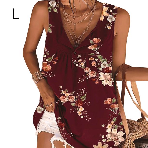 Guardurnaity Camiseta sin mangas con cuello en V estampado para mujer Prendas para la parte del cuerpo Vino rojo L Guardurnaity AP002036-27