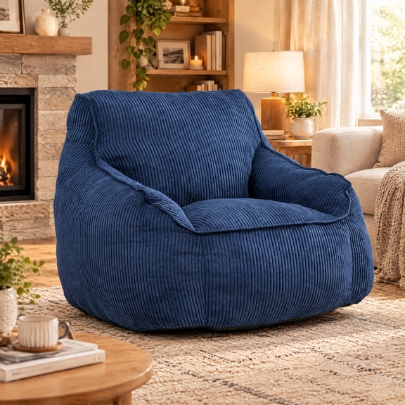 Peispie Giant Bean Bag Chair for Adults, Corduroy Bean Bag Sofa Couch with Armrests, Comfy Accent Chair Lazy Lounge Chair with Filler Included for Living Room Bedroom, Dark Blue