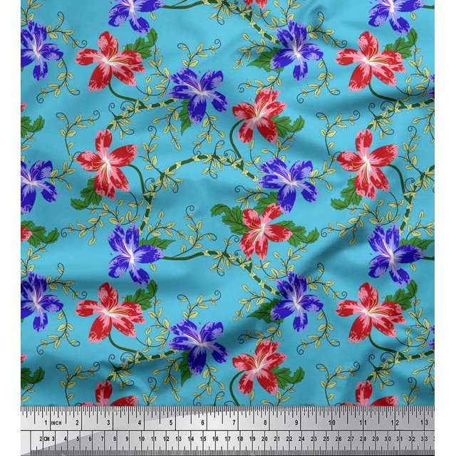 Soimoi Silk Fabric Leaves & Azalea Floral Print Fabric by The Yard 42 Inch Wide