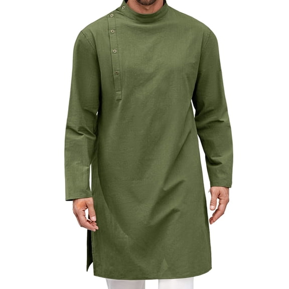 MIXUE Mens Casual Button Down Shirts Solid Color Round Neck Long Sleeve Loose Fit Casual Shirt Tops Holiday Wear,Green,XXXL