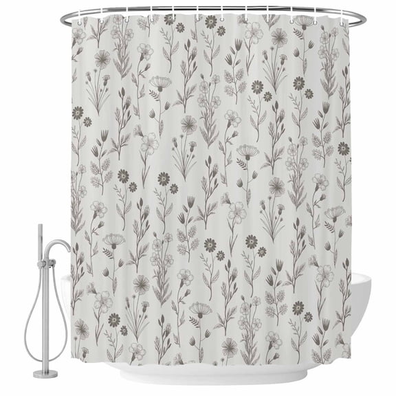 Extra Long Shower Curtain 72x96 Inch, Gray Flowers Shower Curtain Waterproof Bathroom Decor, Spring Summer Farmhouse Botanical Fabric Bath Curtain Set Accessories with Hooks