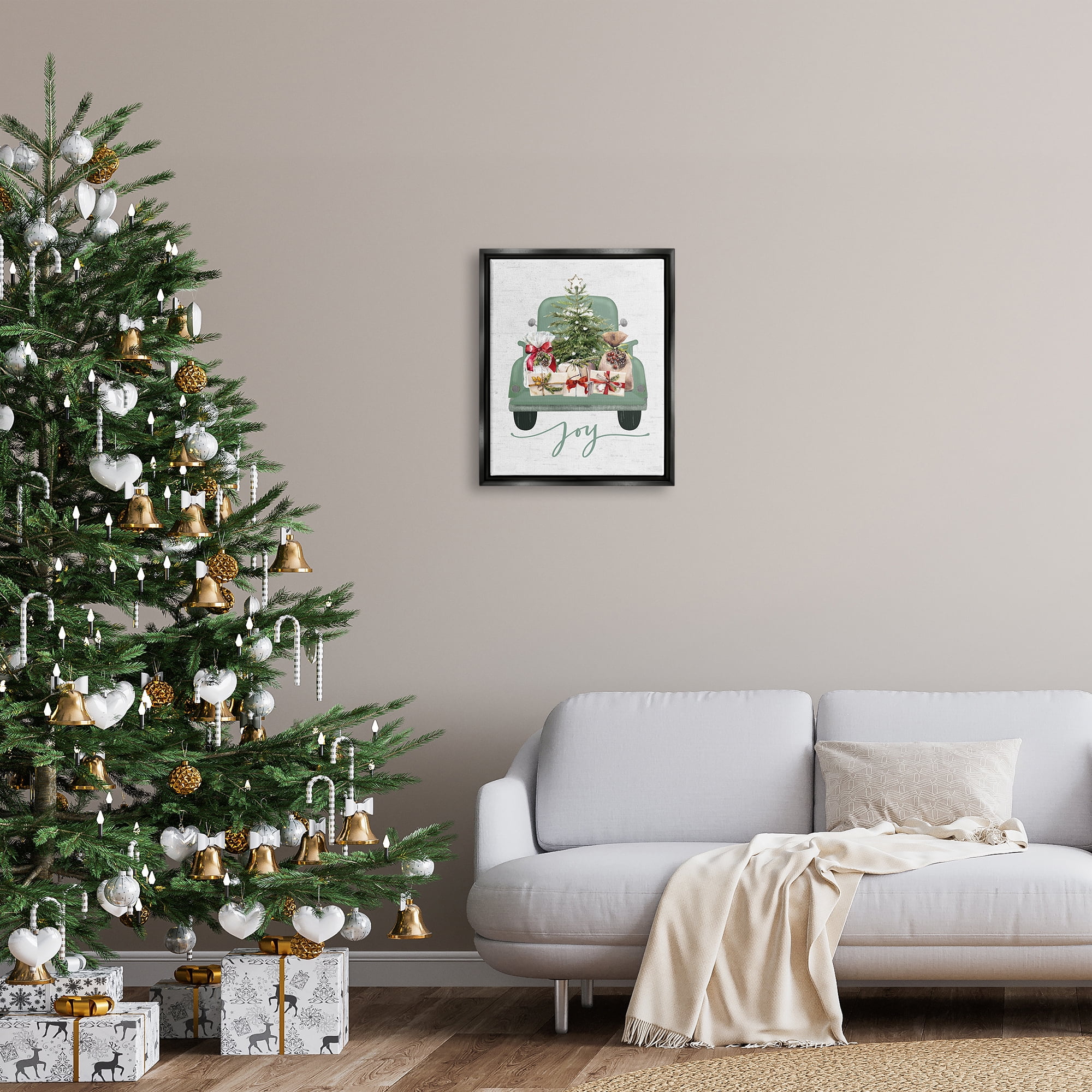 Stupell Industries Rustic Gift Truck with Joy Holiday Painting Black Floater Framed Canvas Art Print Wall Art, 17 x 21