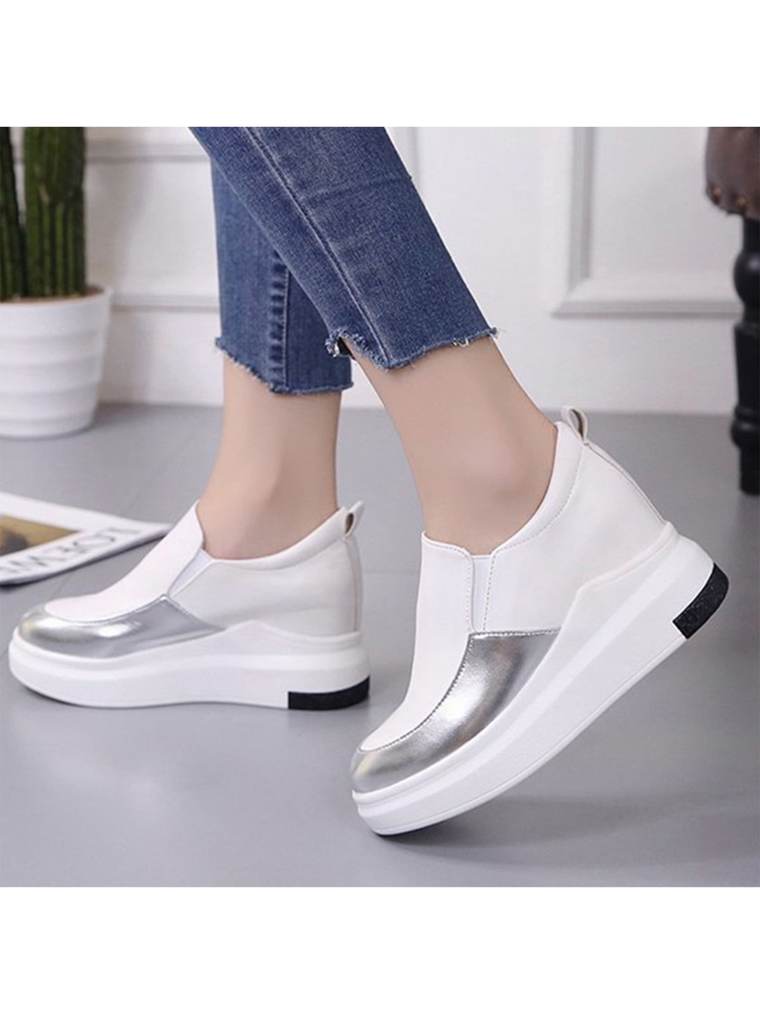 Womens Platform Hidden Wedge Loafers Sneakers Slip On High Heels Casual Shoes 