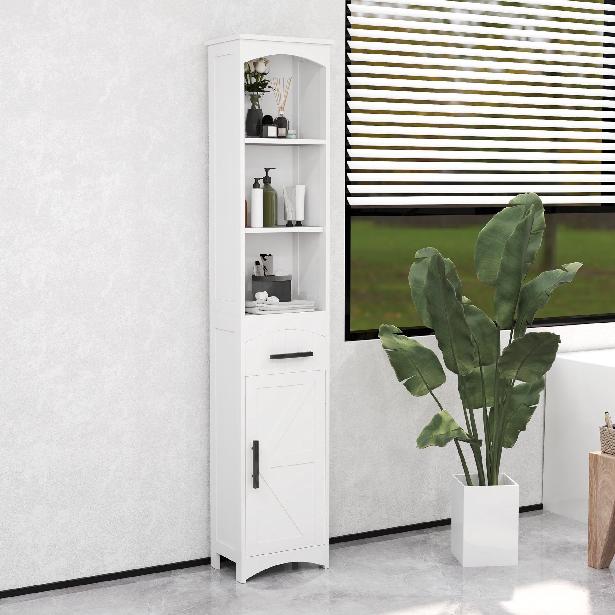Farmhouse Tall Bathroom Storage Cabinet Linen Cabinet with Barn Door, White