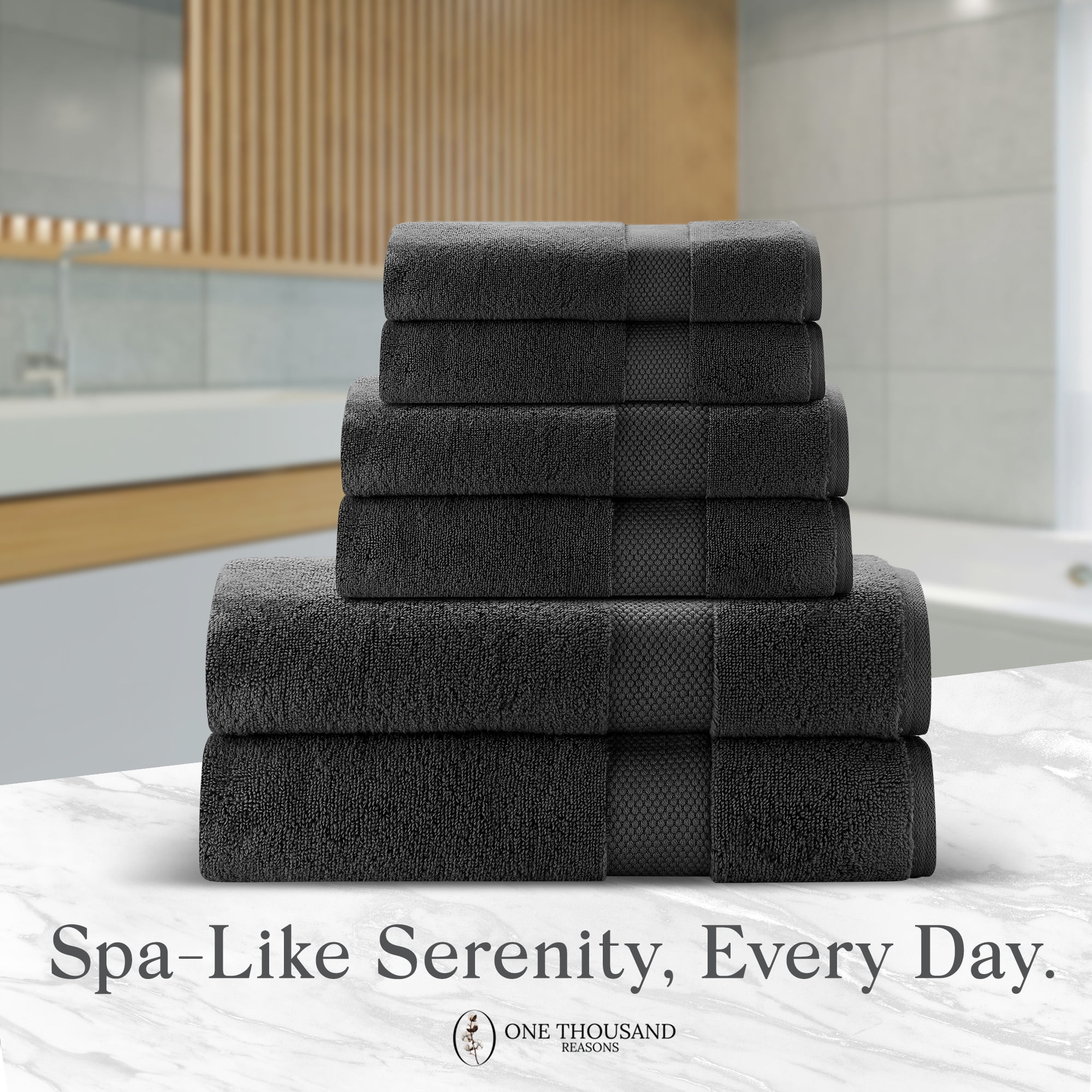 One Thousand Reasons Superior Zero Twist 1 Stripe Towel Set | Bath, Gym, Hand Towels | Luxury & Soft Cotton - Black (6 Pieces)