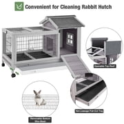 Aivituvin Rabbit Hutch with Wheels for Indoor Outdoor, Wooden Rabbit Cage with Removable Wire Netting & Leak Proof Tray, Mobile Bunny Cage, Gray