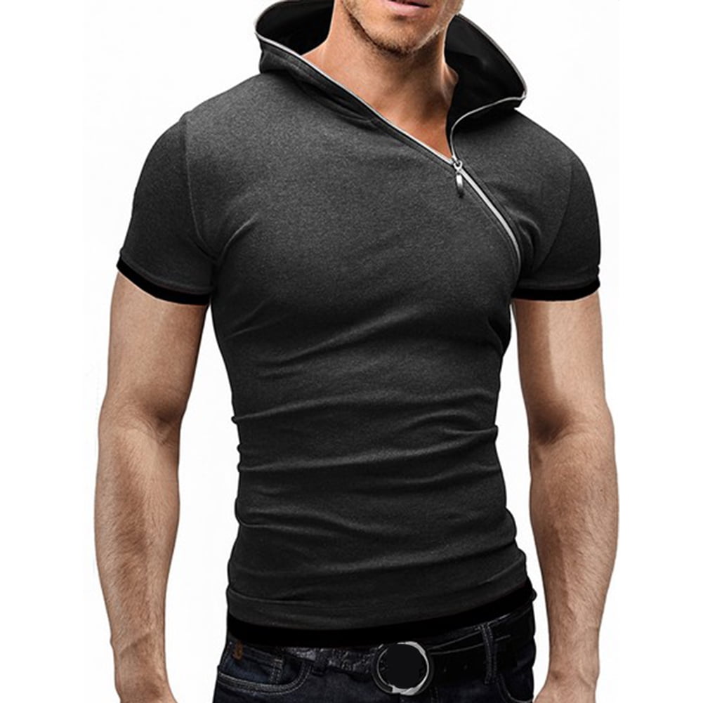 Men's Cotton Blended Short-Sleeved T-Shirt Oblique Zipper Hooded Design ...