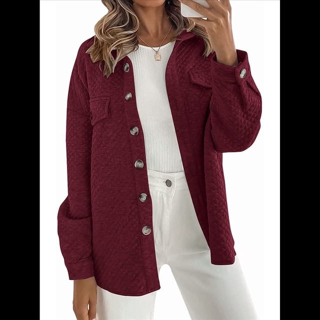 Chaqueta Informal de Otoño para Mujer, de Larga, con Botones, Holgada y Ligera, con Bolsillos. Vino Tinto L