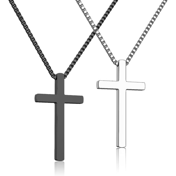 2Pcs Cross Necklace for Men, Silver Black Mens Stainless Steel Cross Pendant Necklace Jewelry Gifts for Men Box Chain 16-30 Inches