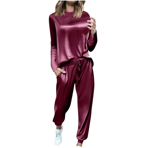 Dreluolixuan Womens Tracksuit Fleece Crew Neck Long Sleeve Shirt Jogger Pants Soft Solid Vacation Tracksuits
