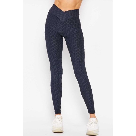 Scrunch Butt Textured V-Waist High Waisted Leggings - Plus Size - 1XL 2XL 3XL with Pockets Navy 1XL/2XL