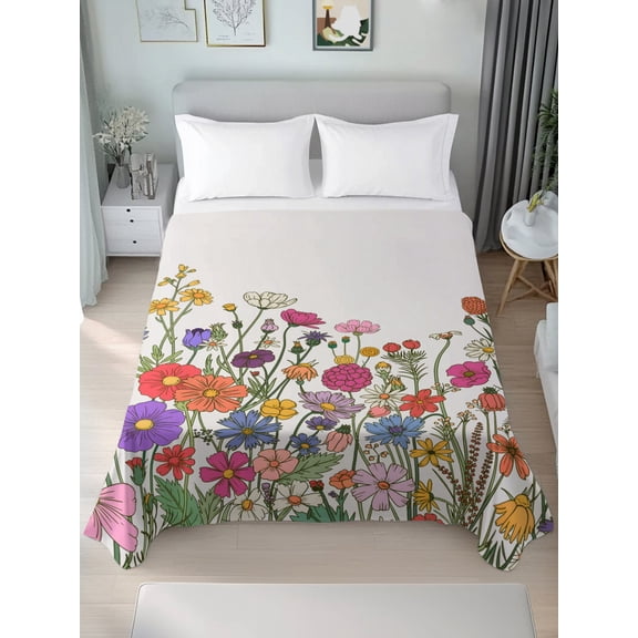 Queen Flat Sheet Only Colorful Flower Wildflower Watercolor Soft Microfiber Cooling Bedding Sheets Country Floral Flat Bed Sheet for Hotel,Home Decor