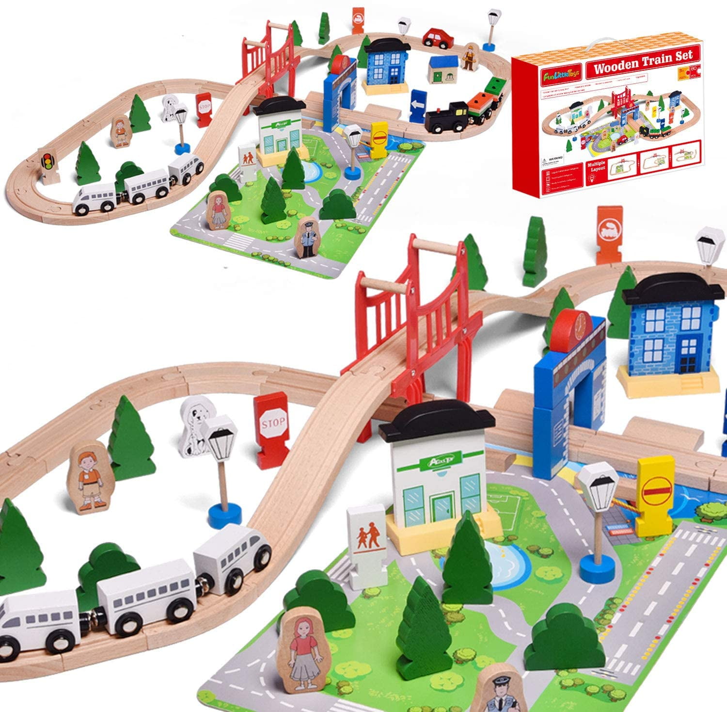 Wooden 80 Pcs Busy City & Train Set Railway Track Toy Brio Bigjigs Compatible for sale online 