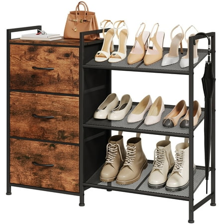 Eunos Shoe Rack  3 Tier with 3 Drawers Metal Shoe Storage Shelf for 6-9 Pairs of Shoes  Wood Grain Print