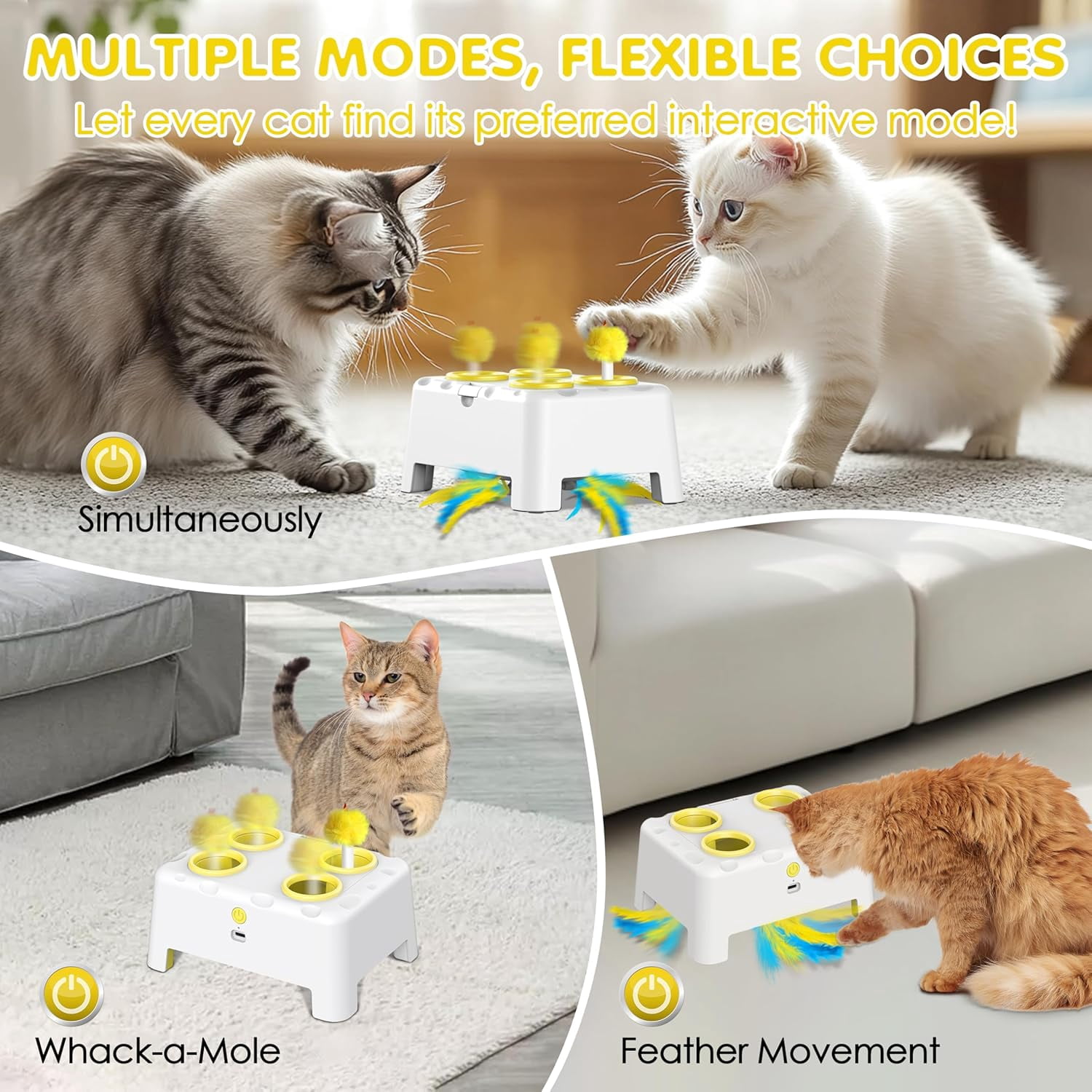 2-in-1 Interactive Cat Toys for Indoor Cats,Automatic Kitten Toy,4 Holes Mole,Rotating Feather, Rechargeable USB Interactive Cat Feather Toys for Bored Indoor Cats
