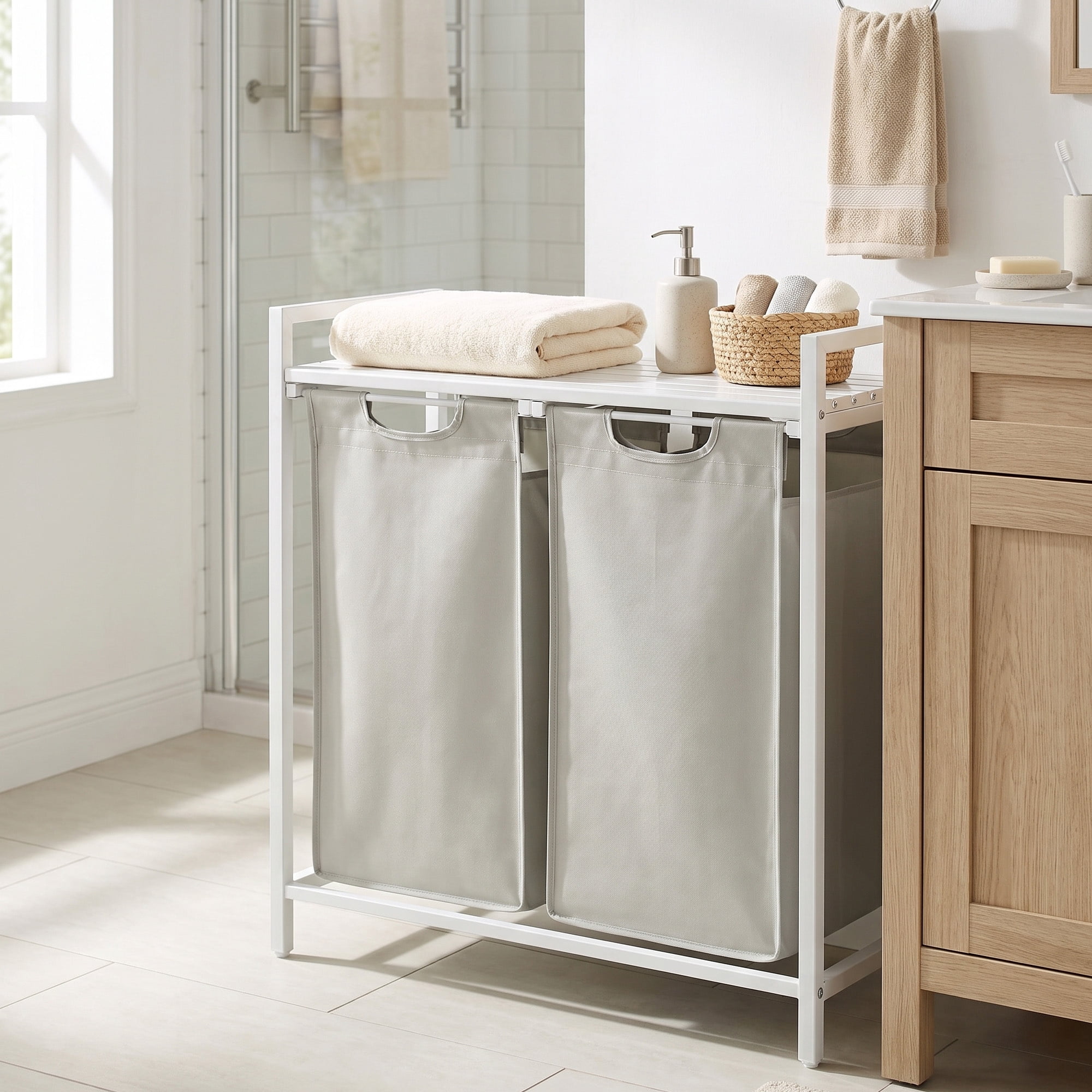 Ledrem Laundry Sorter with 2 Removable Bags and Storage Shelf, 2-Compartment Organization, White