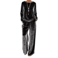 thumbnail image 2 of Womens 2 Piece Lounge Set Velvet Crewneck Long Sleeve Tops and Baggy Wide Leg Velour Sweatpants with Pockets, 2 of 5