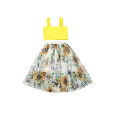 

Toddler Baby Kids Girls Outfits Bohemian Ruffle Straps Crop Tanks Tops Rainbow/Sunflower Print Mesh Skirt A-Line Dress Clothes Set