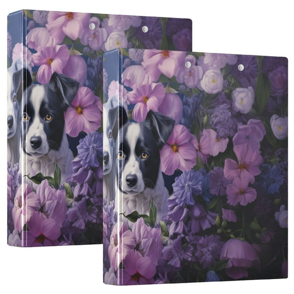 Dogs Flowers Floral Purple 3 Ring Binders 1.5 inch Hardcover File Folders with Interior Pockets A4 Size Organizer for School Office Hospital Set of 2