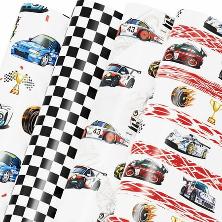 Race Car Wrapping Paper for Boys Kids, 12 Sheets Racing Gift Wrap Racecar Wrapping Paper for Christmas Birthday Holiday - 20 x 29.5 Inches Per Sheet