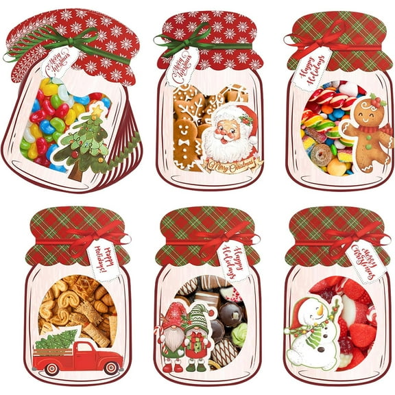 GMZW 48-Pack Christmas Mason Jar Cards with 48 Clear Treat Bags - DIY Xmas Goodie Bags for Stocking Stuffers,  Christmas Party Favors Supplies, Holidays  Prizes, Exchange Gift