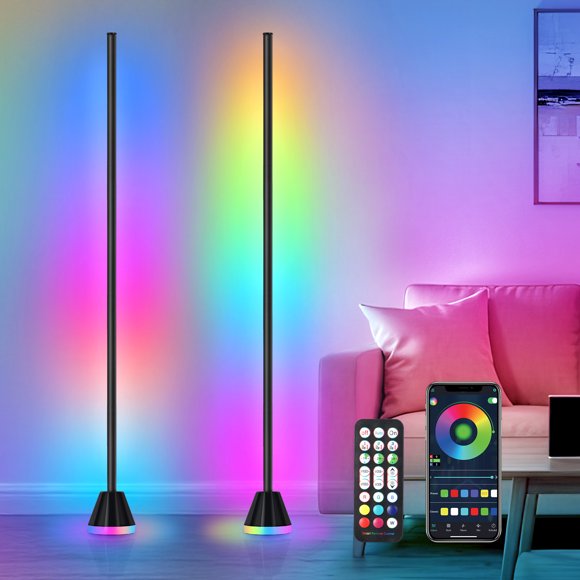 OUTON 2 Pcs RGB Corner Lamp, 57" LED Floor Lamp Color Changing Standing Lamp with Music Sync & 16 Million Colors, Remote & App Floor Lamps for Bedroom Living Room Black