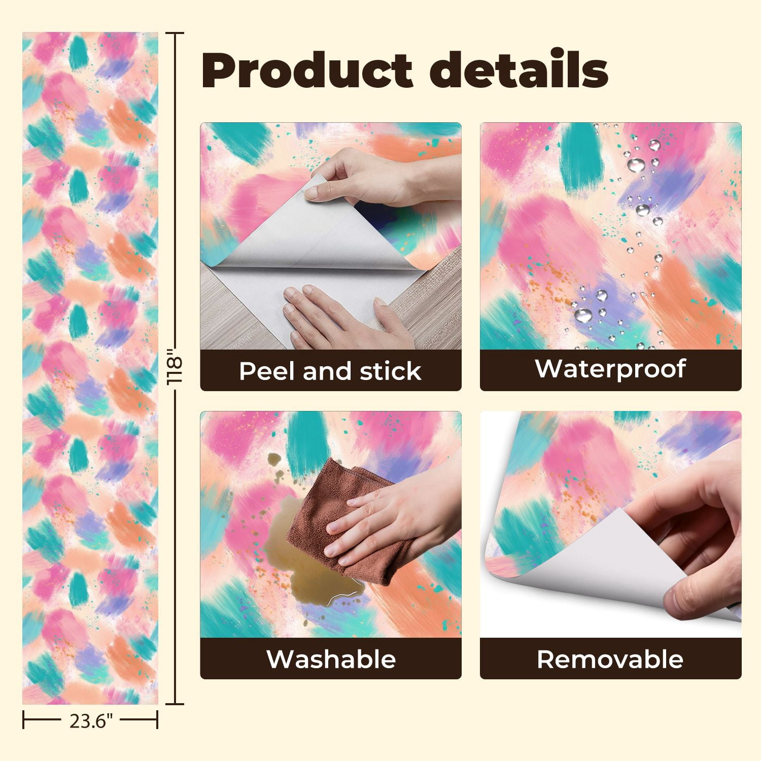 Peel and Stick Wallpaper Abstract Brush Strokes Pink Blue Teal Gold Accents Wall Mural 23.6in x 9.8ft Self Adhesive Removable Wall Paper Renter Friendly Wallpaper for Nursery Bedroom Cabinets