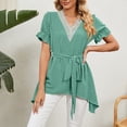 thumbnail image 4 of Women's Lace V Neck Flowy Tops with Belt Ruffle Short Sleeve Floral Pompom Solid Color Summer Peplum Top Blouse, 4 of 5