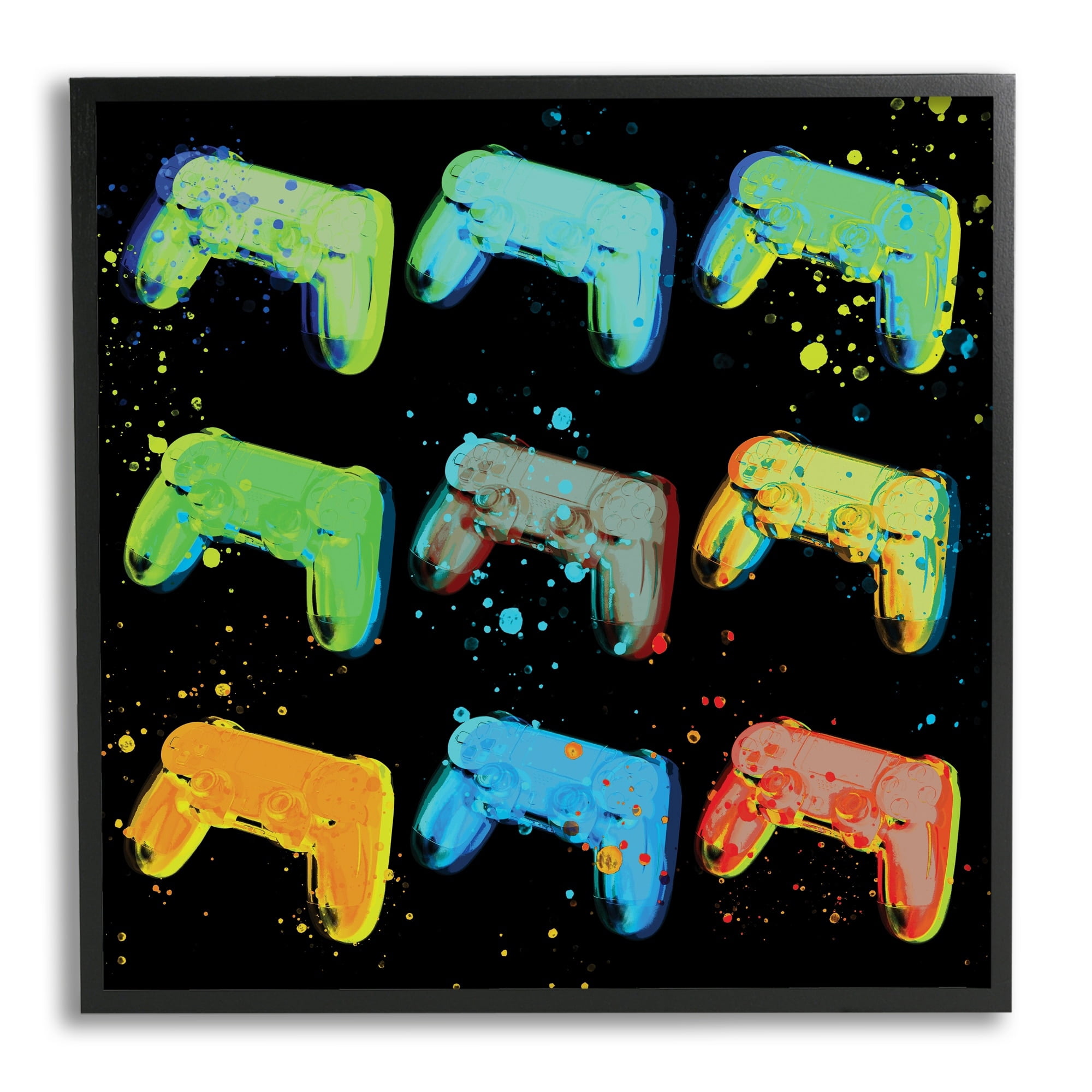 Stupell Industries Neon Pop Style Gaming Controllers Paint Splatter Graphic Art Black Framed Art Print Wall Art, Design by Daphne Polselli