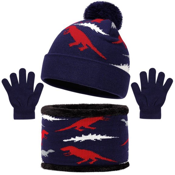 Yuncity Kids Winter Beanie Hat Neck Gloves Set Warm Lined Knit Cap Dinosaur Print Stretchy Neck Gaiter Gloves Set For Cold Weather Outdoor Daily Wear for Boys Girls Navy