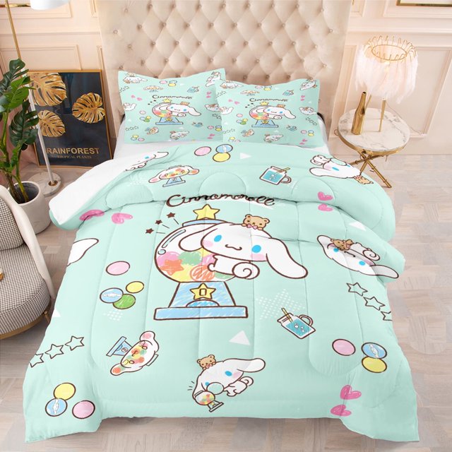 Juego de cama con edredón de 3 piezas con dibujos animados de Cinnamoroll, color verde, tamaño Twin