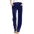 thumbnail image 2 of Women's Solid Color Velvet Drawstring Pants, Luxury Wide Leg Trousers, Elastic Waist Casual Pants, Soft Velour Lounge Pants, Comfortable Straight Leg Bottoms, Relaxed Fit Trousers Dark Blue, 2 of 6