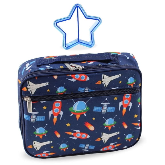 Keeli Kids Boy Outer Space Rocketship Lunch Box with Matching Sandwich Cutter in Dark Navy Blue