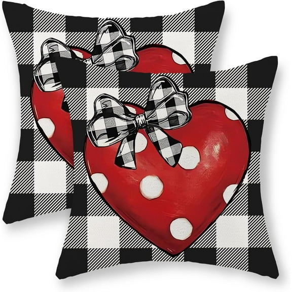 Valentines Day Pillow Covers 16x16 Set of 2, Red Polka Dots Heart Bow Decor Valentine's Day Throw Pillows Anniversary Buffalo Plaid Pillowcase Outdoor Cushion Case for Holiday Home Decorative