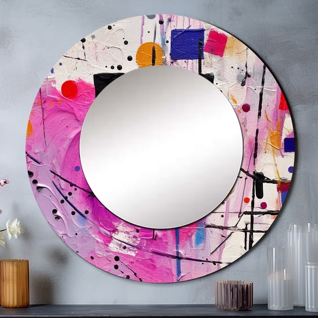Designart "Cubism Unleashed Pink Expressions" Cubisme Miroir Rond Décoration Murale Mi-Siècle - Grand Miroir Rond Rose - Miroir Rond 23 Pouces x 23 Pouces Pouces
